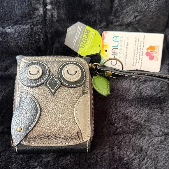 Chala Metallic Silver and Black Owl RFID Wristlet Wallet with Green Leaf Charm - Picture 1 of 5